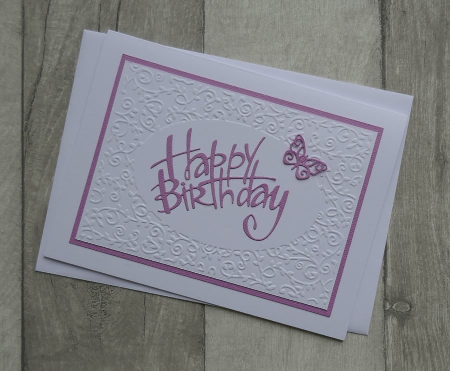 Swirl Frame With Lilac Happy Birthday and Butterfly - Birthday Card