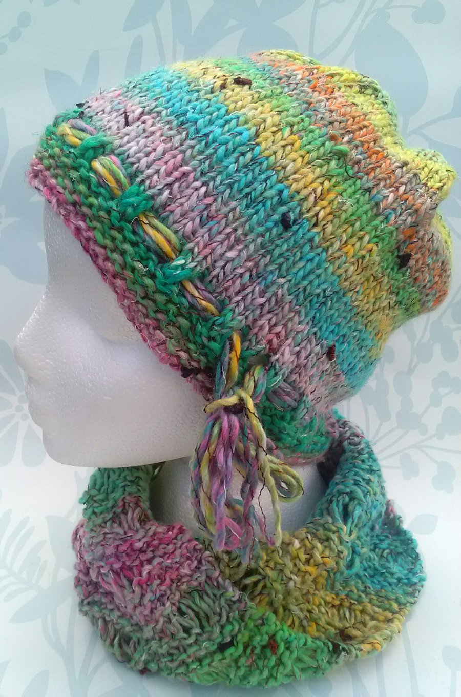 Handknit Noro Hat & Cowl Set. Cotton Silk Wool in Rainbow Pastel