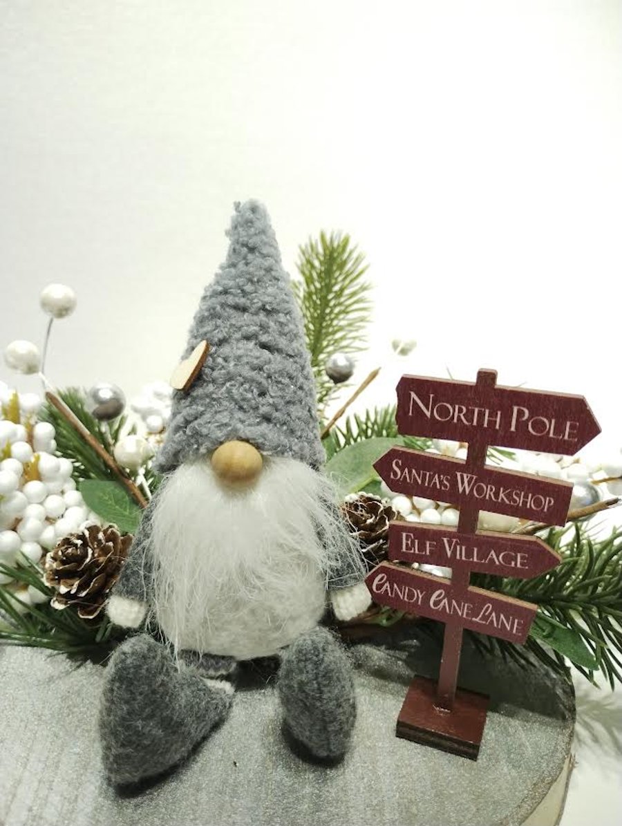 Christmas Grey Gnome North Pole Table Centerpiece