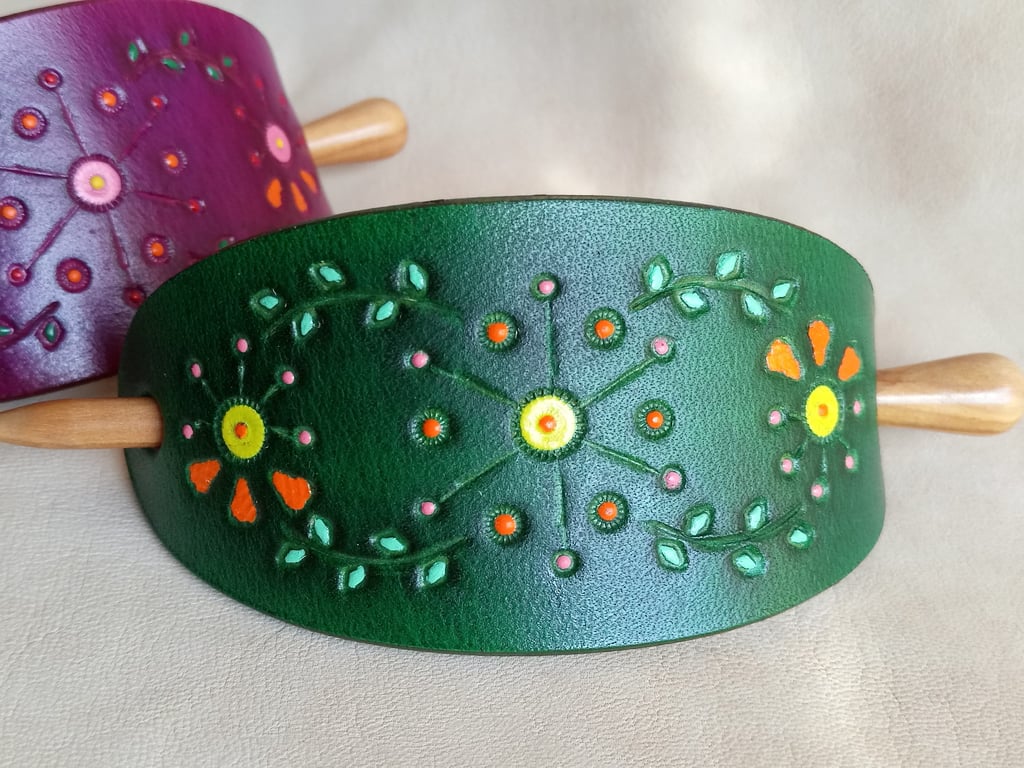 Handmade Leather Hair Stick Barrette with Mandala Design, Large Leather Hair Pin