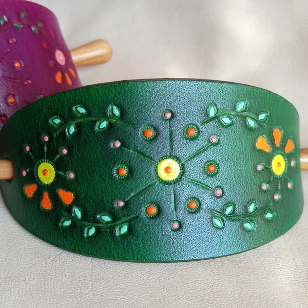 Handmade Leather Hair Stick Barrette with Mandala Design, Large Leather Hair Pin