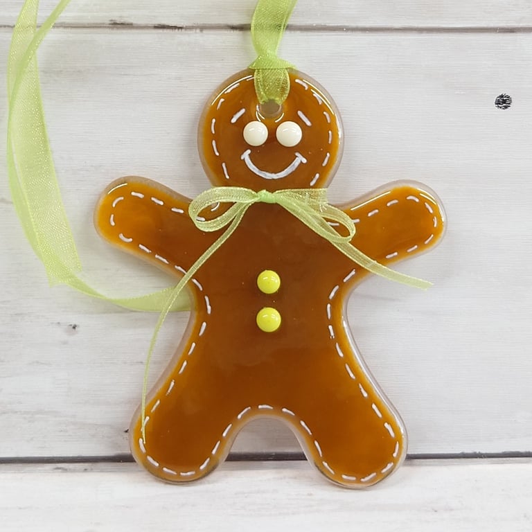 Fused Glass Gingerbread Person has Stitch Decoration & Lime Green Embellishments