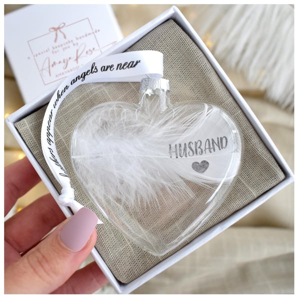Husband Memorial Feather Bauble, In Memory of Husband, Heart Glass Christmas Orn