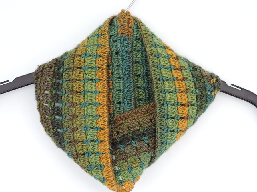 Crochet Infinity Scarf  Green and Gold 