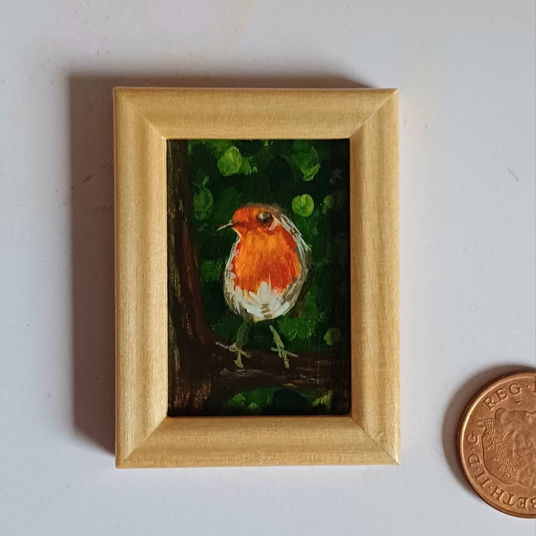 Little Robin Miniature Oil Painting for Small Spaces or Dollhouse