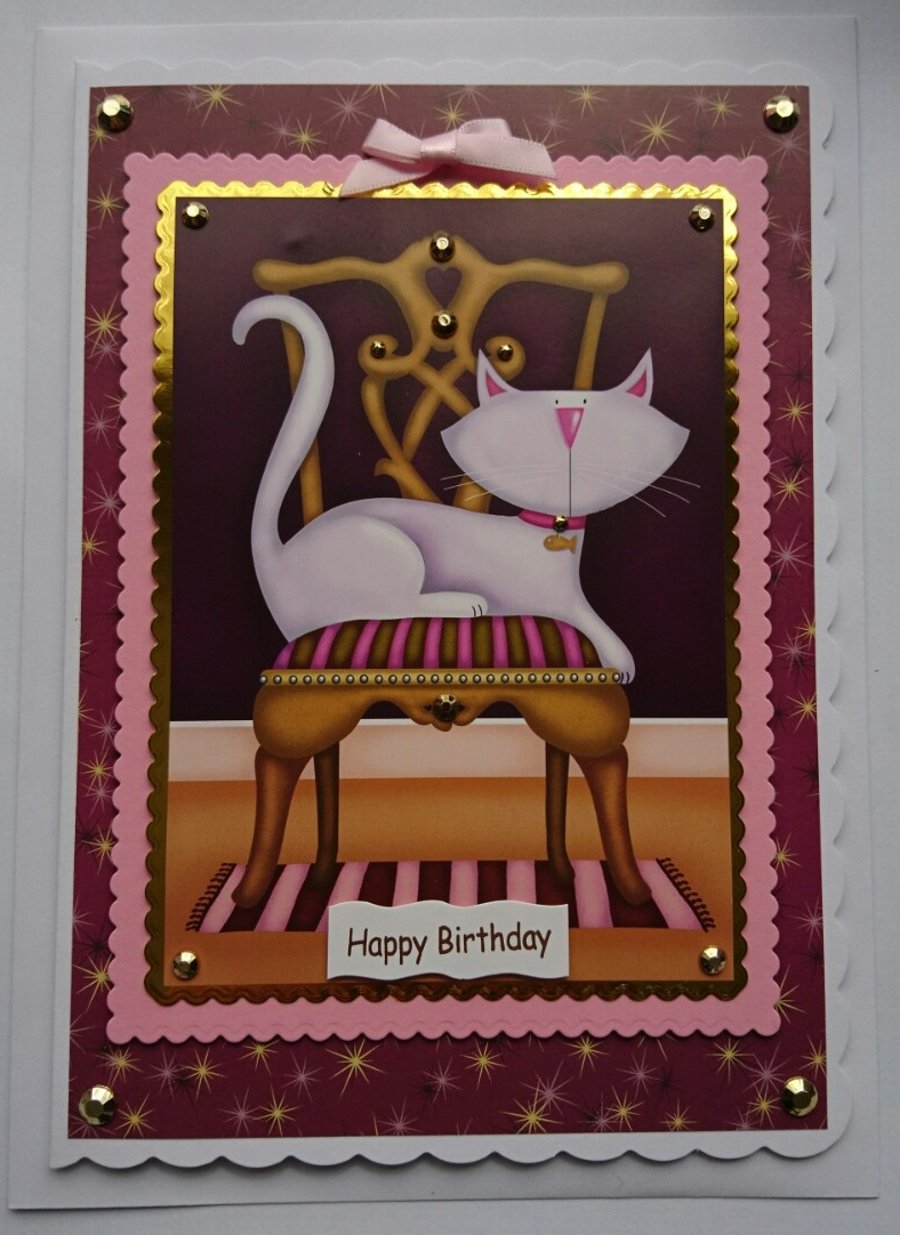 Birthday Card Cute Pretty Posh Cat On A Pink Gold Chair 3D Luxury Handmade Card