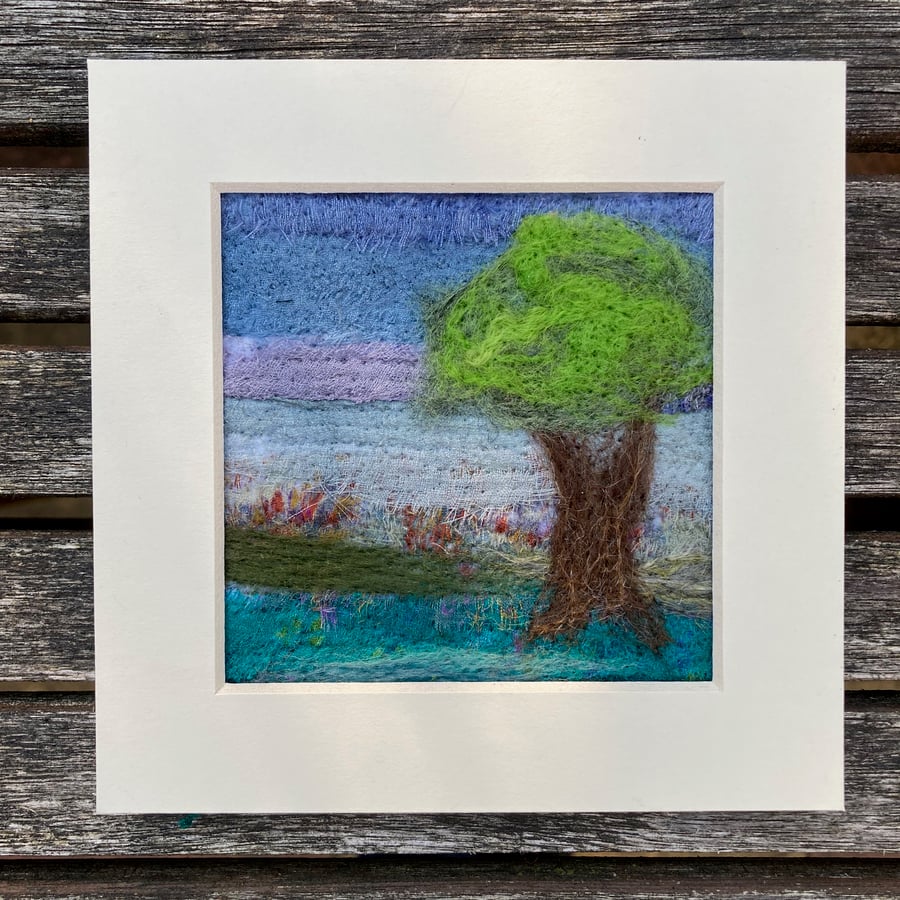 Textile Art abstract landscape with tree, mounted 