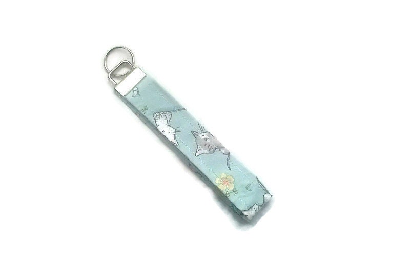 Cat Wrist Strap Keyfob, Kittens Fabric Wristlet White Keychain