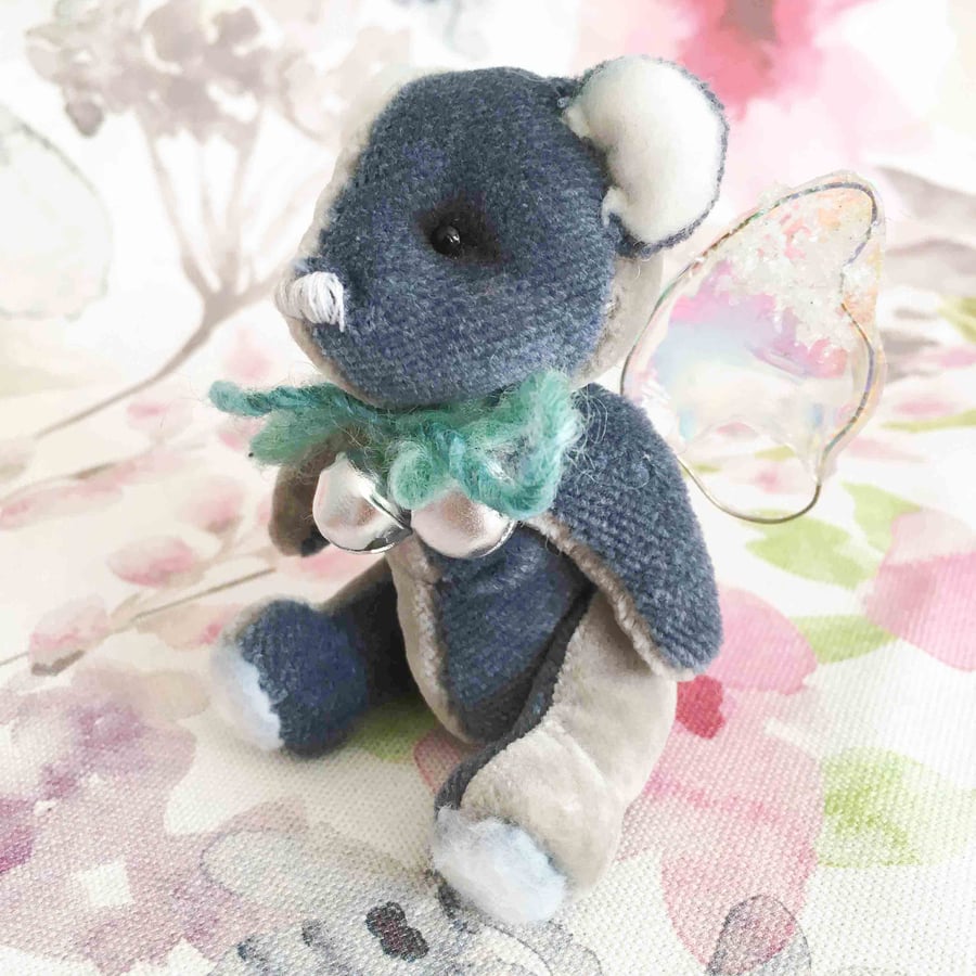 Patty, miniature blue fairy bear with tiny wings, hand sewn collectible bear 