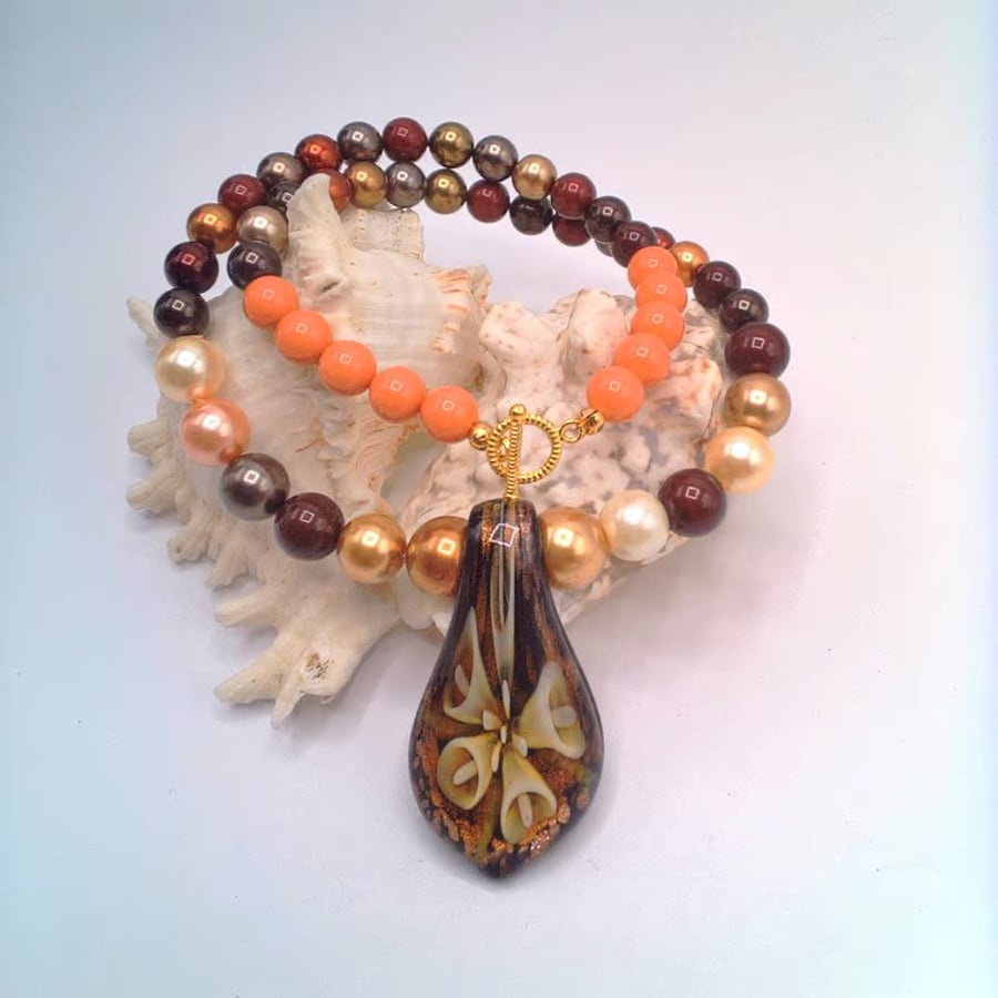Golden Brown Glass Floral Pendant on a Pearl Necklace, Floral Glass Pendant