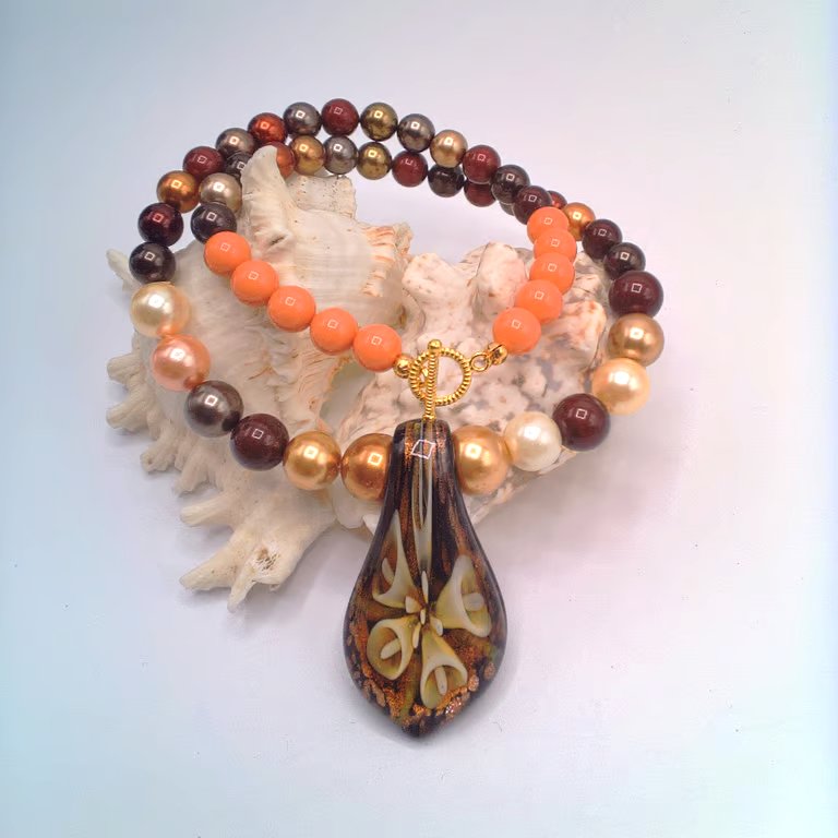Golden Brown Glass Floral Pendant on a Pearl Necklace, Floral Glass Pendant