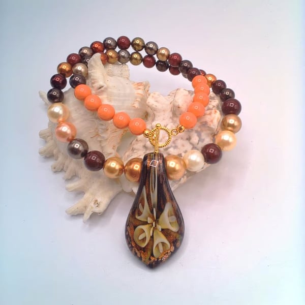 Golden Brown Glass Floral Pendant on a Pearl Necklace, Floral Glass Pendant