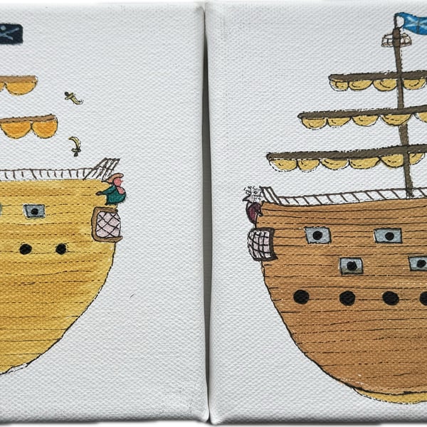 Cartoon Pirate Ship and Navy Ship Set