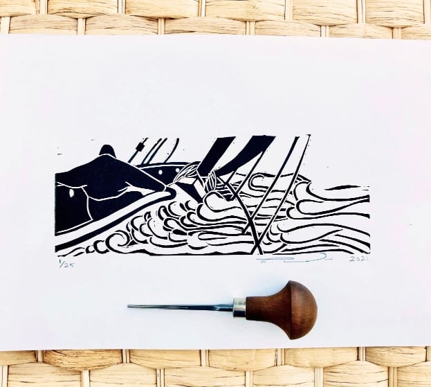 Nautical print, nautical Lino print, sailing print, sailing Lino print 