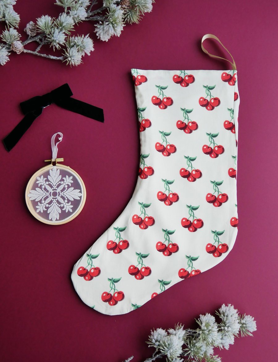 Cream Christmas Stocking with Retro Cherry Print - Large (Seconds)