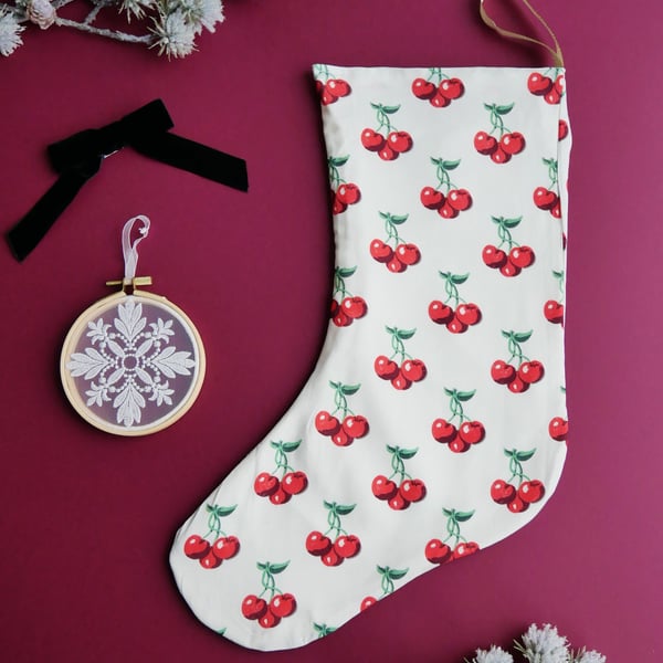 Cream Christmas Stocking with Retro Cherry Print - Large (Seconds)