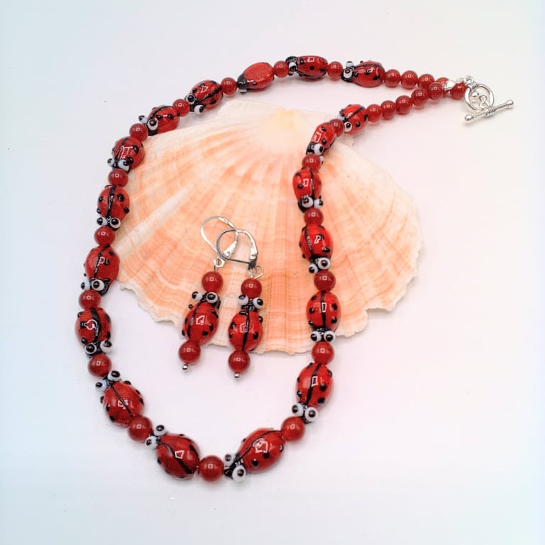 Red Glass Beads and Ladybird Beads Necklace and Earrings, Gift Set, Gift for Her