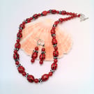 Red Glass Beads and Ladybird Beads Necklace and Earrings, Gift Set, Gift for Her