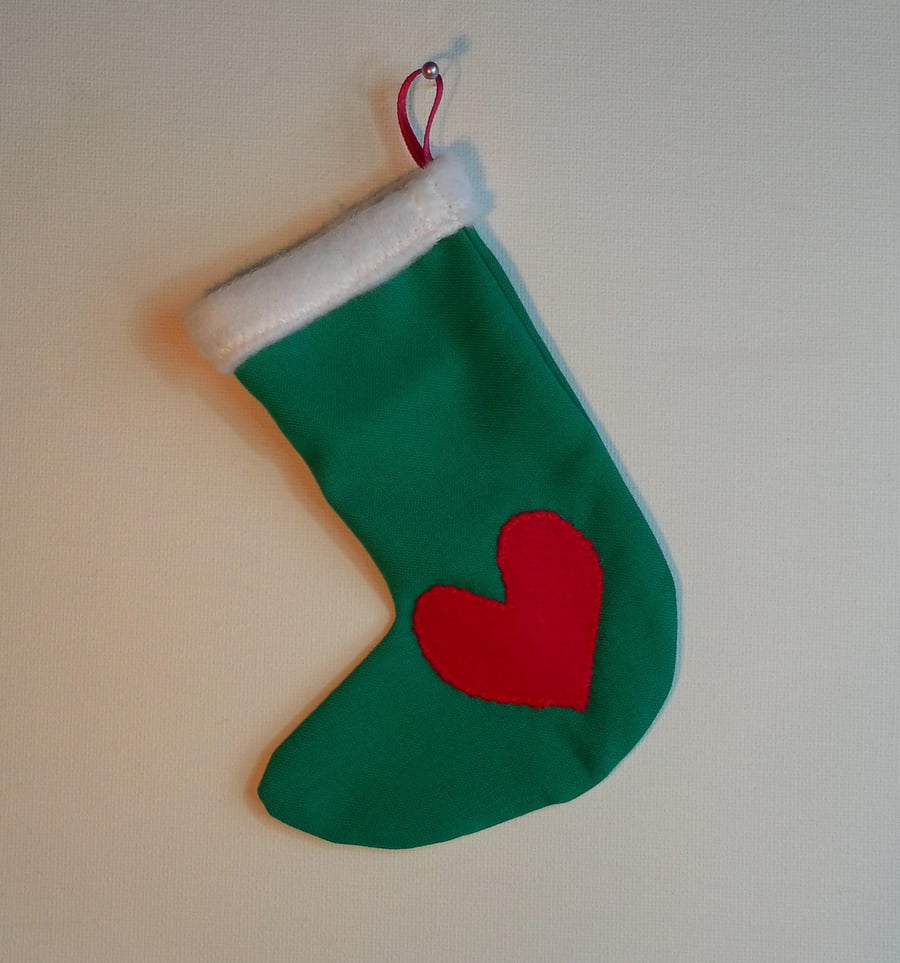 Small Christmas Stocking, Green with Red Heart
