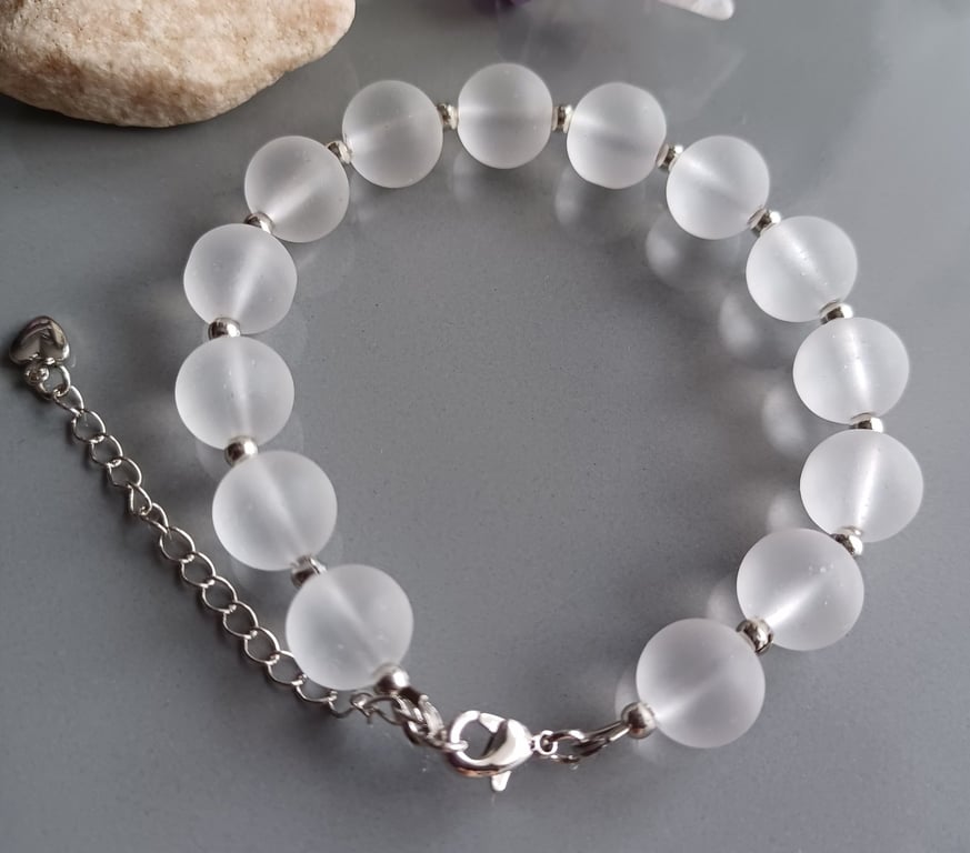 Frosted quartz beaded bracelet, crystal healing gemstone jewelry