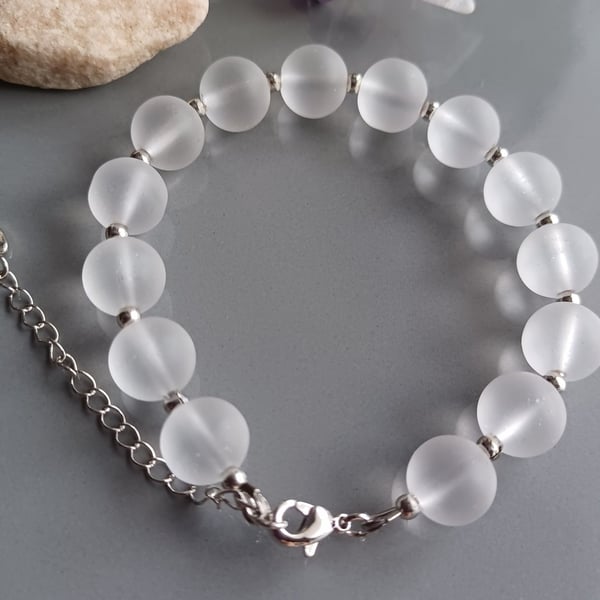 Frosted quartz beaded bracelet, crystal healing gemstone jewelry