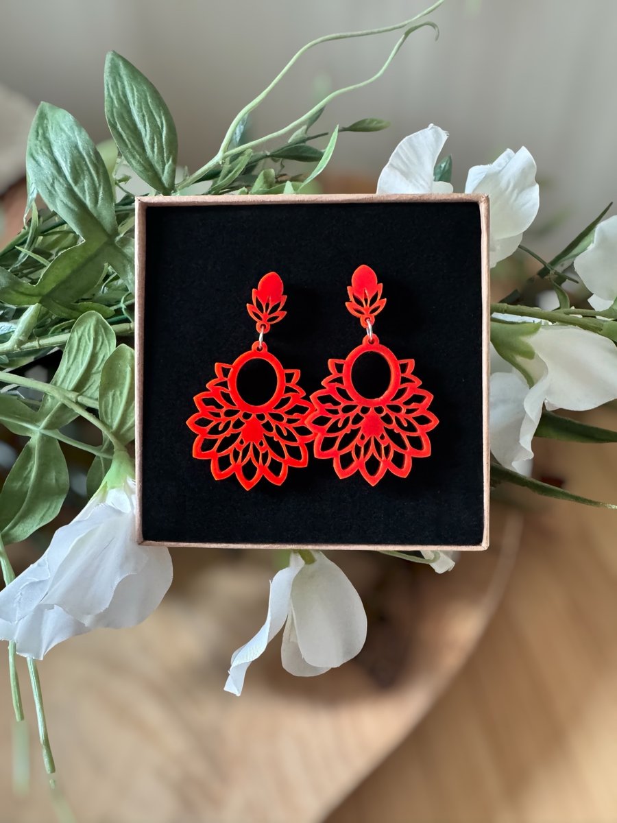 Vibrant Red Mandala Statement Earrings - Intricate Floral Acrylic Dangles 