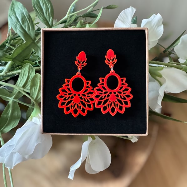 Vibrant Red Mandala Statement Earrings - Intricate Floral Acrylic Dangles 