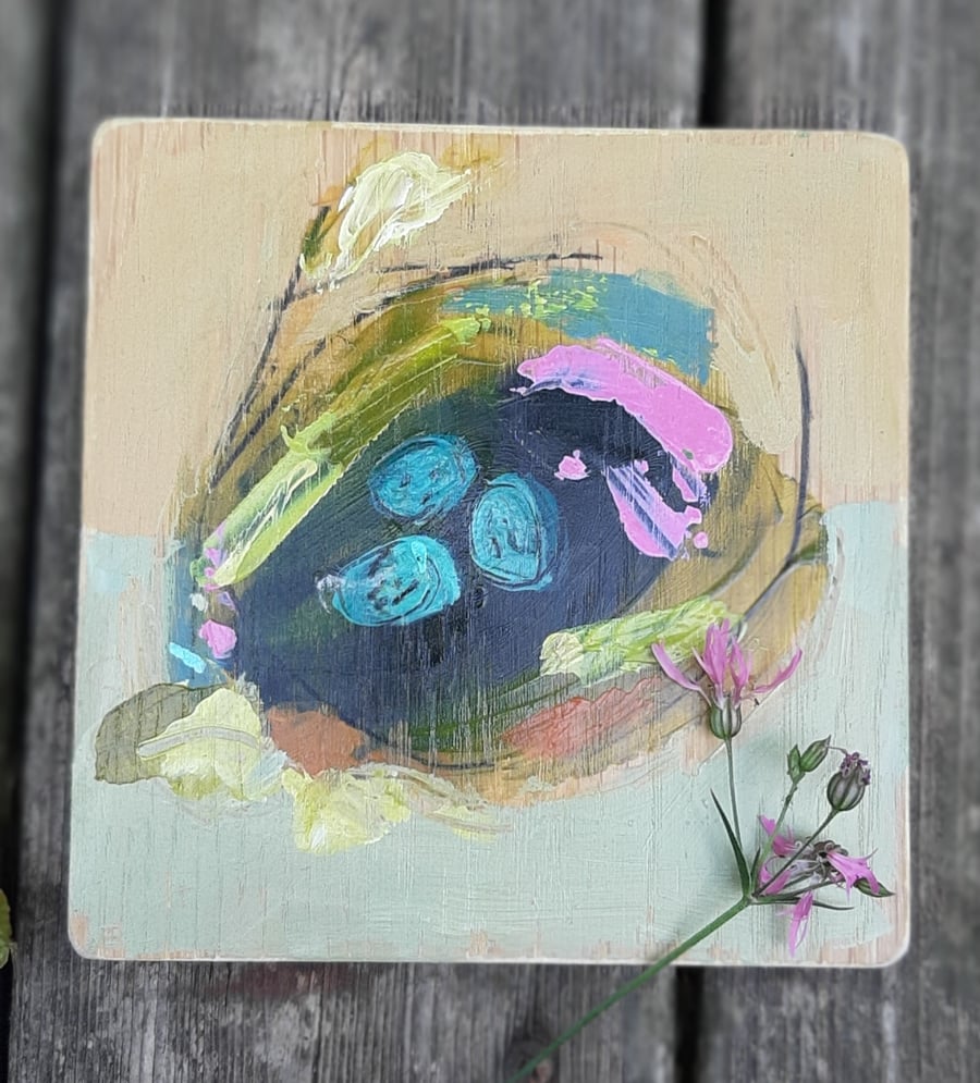 Small semi abstract nest painting on reclaimed wood