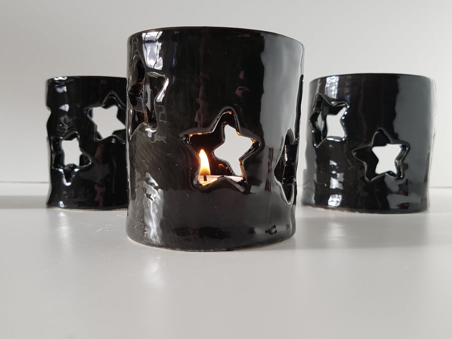 Ceramic black tealight holder with stars