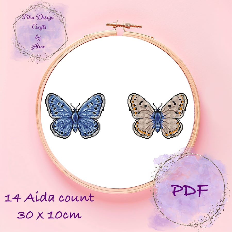Adonis blue male and Female counted  cross stitch pattern digital - emailed
