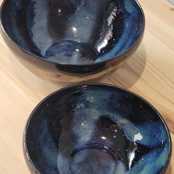 Set of two blue-black, purple 'Northern Lights' bowls handmade pottery