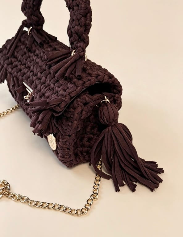  Handmade Chocolate Brown Crochet Bag Woven Top Handle & Crossbody Bag MS Lo