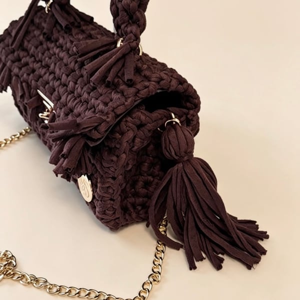  Handmade Chocolate Brown Crochet Bag Woven Top Handle & Crossbody Bag MS Lo