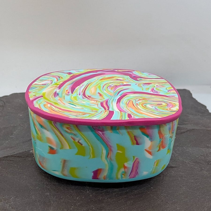Polymer clay trinket pot, blue and pink swirls