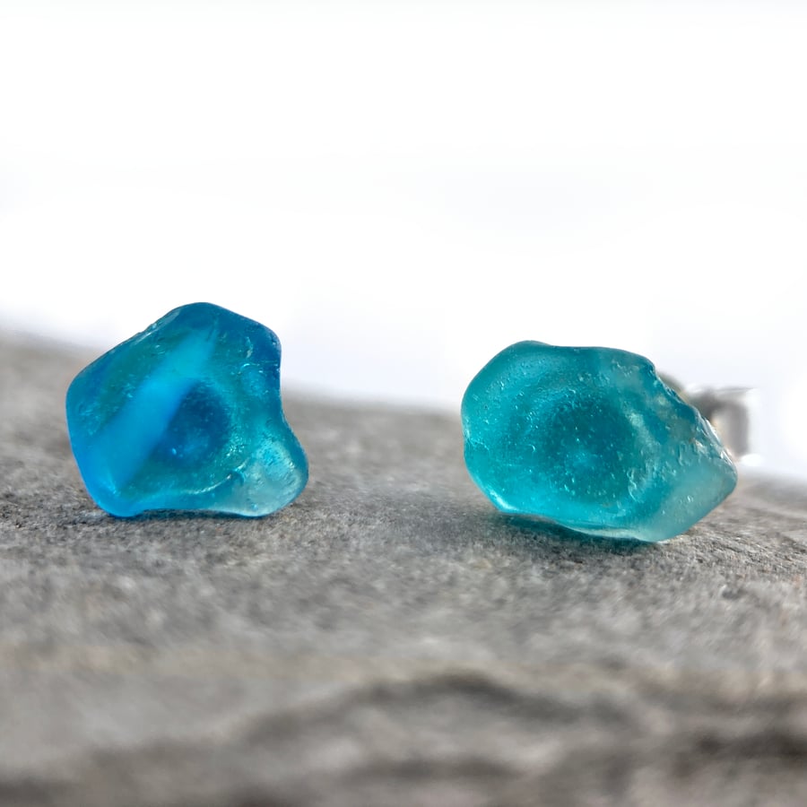 Sea Glass Stud Earrings - Sterling Silver Turquoise Scottish Beach Jewellery