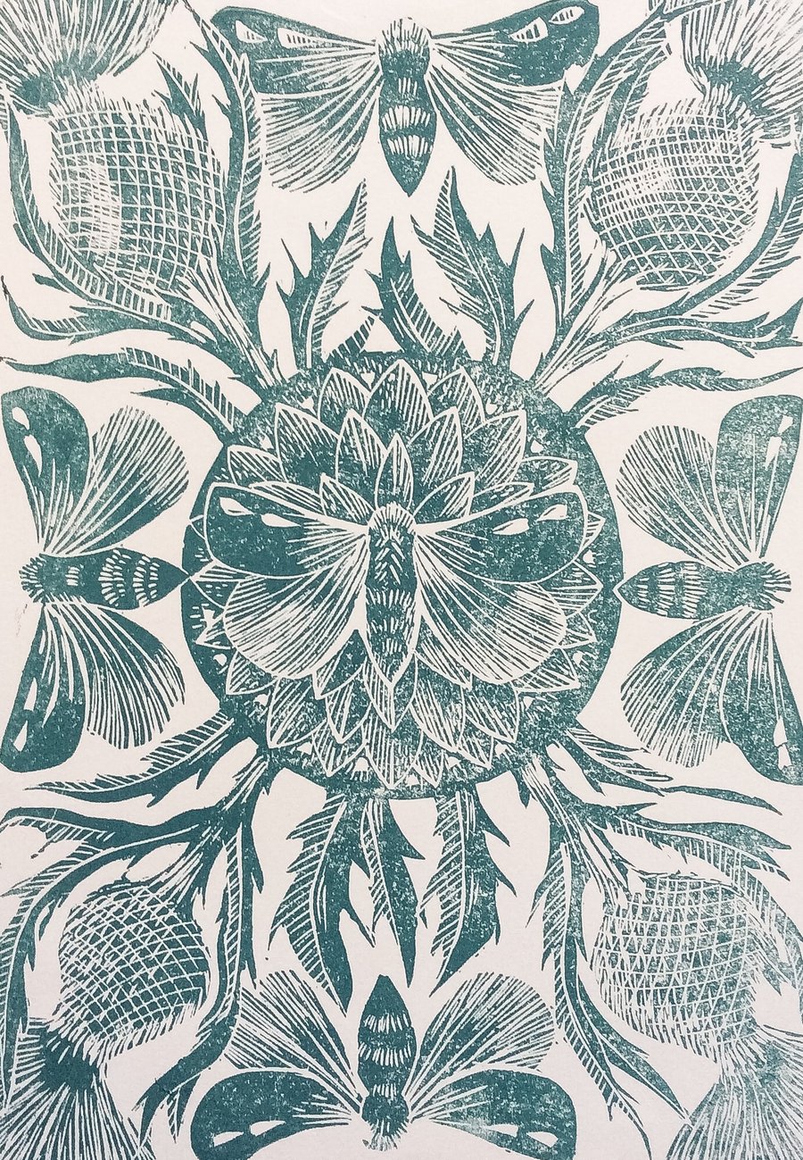  Moths and Thistles Original Lino Cut Print Aqua 