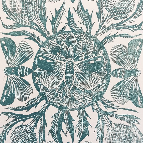  Moths and Thistles Original Lino Cut Print Aqua 