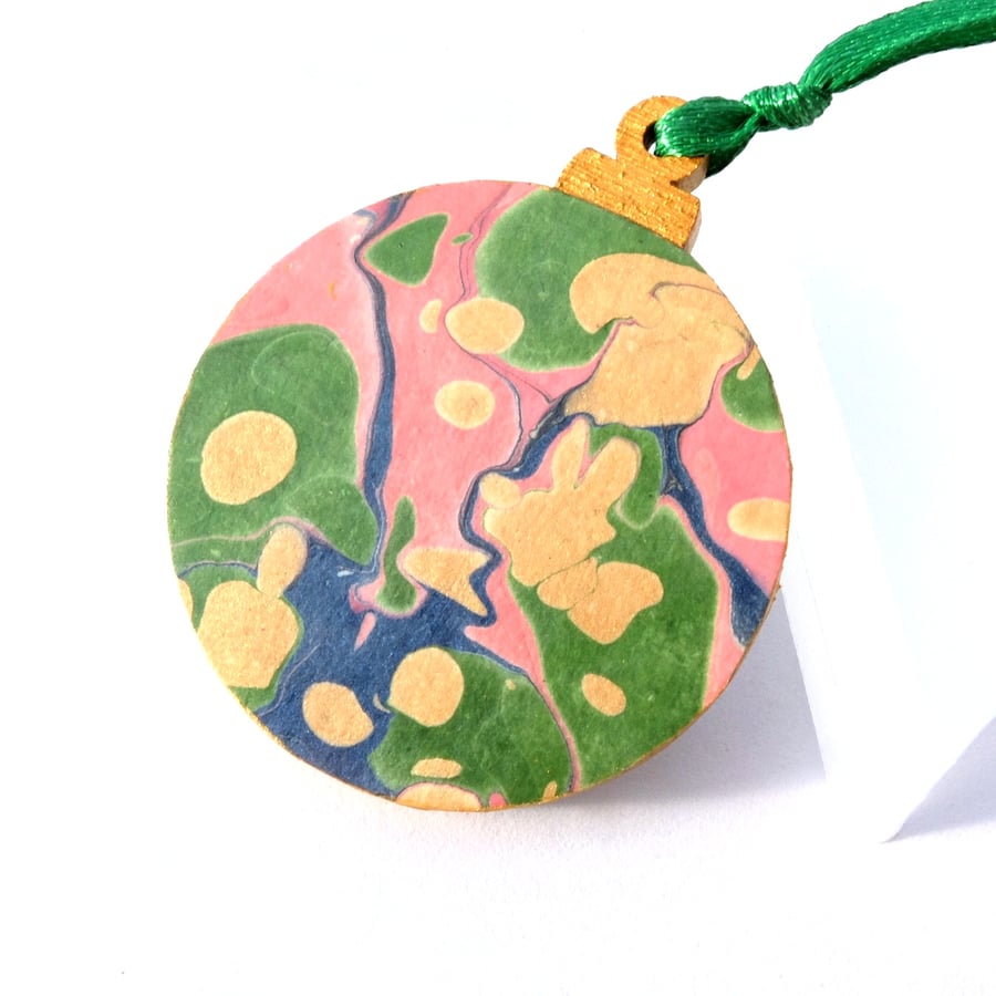 Marbled paper wood Christmas bauble hanging decoration