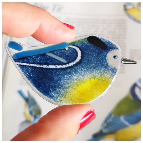 Dark blue fused glass blue-tit, British garden bird