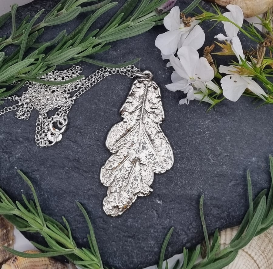 Real oak leaf preserved in silver pendant necklace