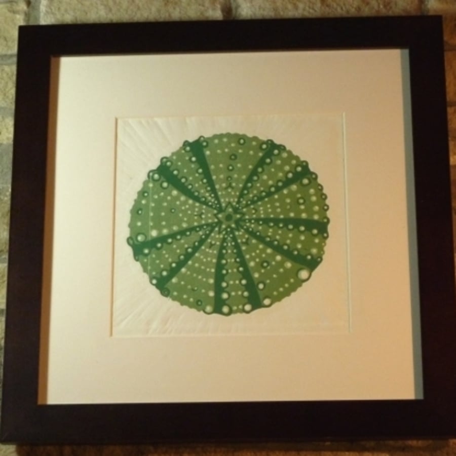 Original lino cut print "Sea Urchin Test in Green"