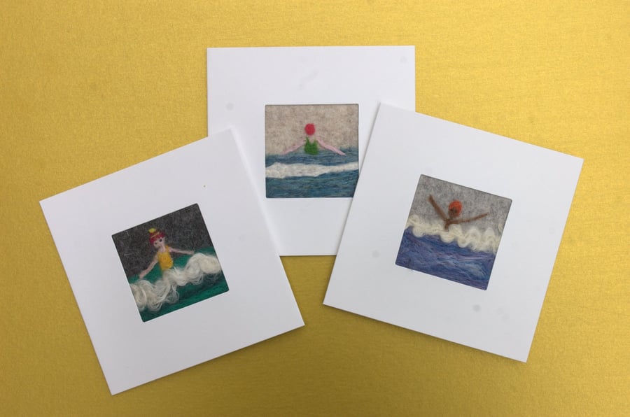 Hand-felted cards of swimmers - set