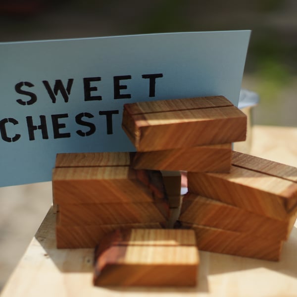 English sweet chestnut place card stands or photo stands