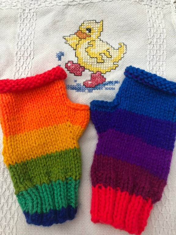 Hand knitted fingerless mittens with thumbs Rainbow ,multi ,Texting gloves .