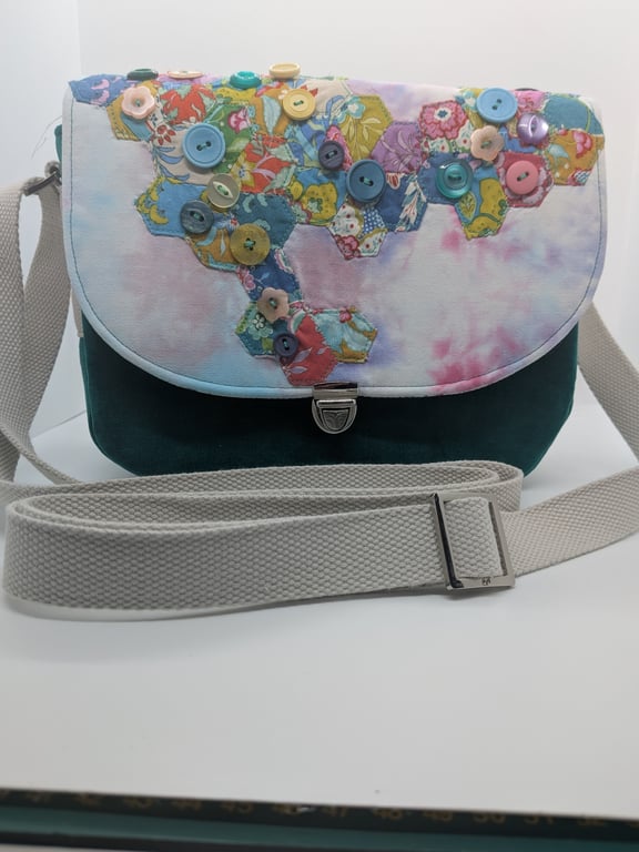 Green velvet and patchwork handbag