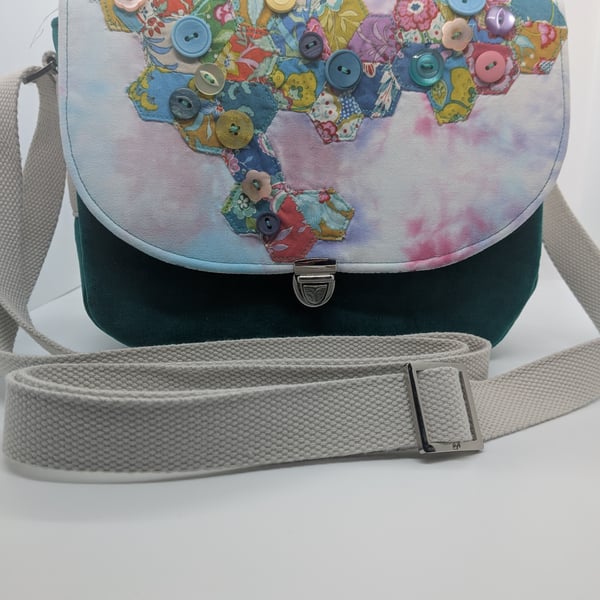 Green velvet and patchwork handbag