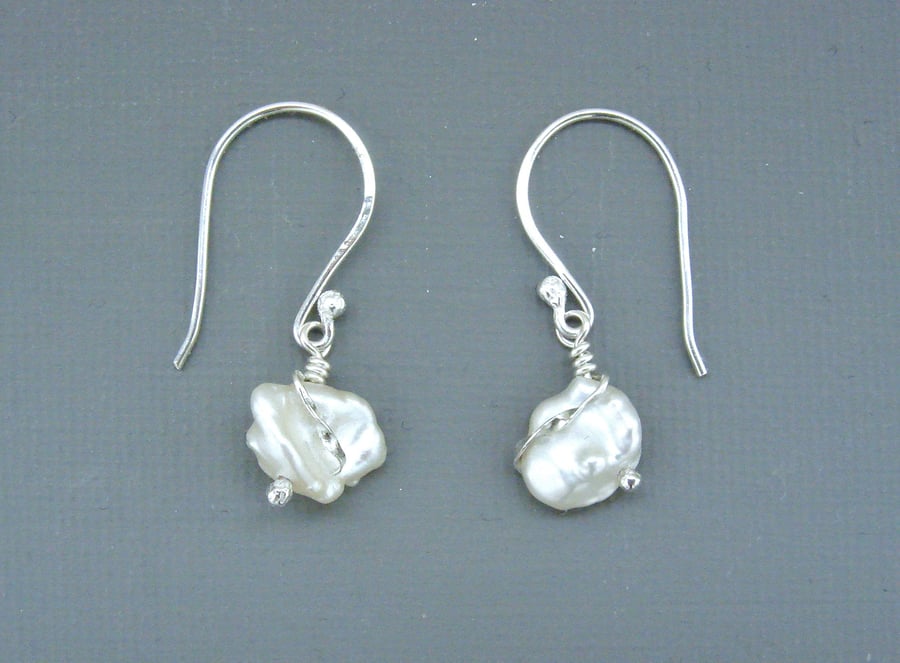 Bridal Hallmarked Sterling Silver Wire-work Drop Earrings White Keishi Pearls 