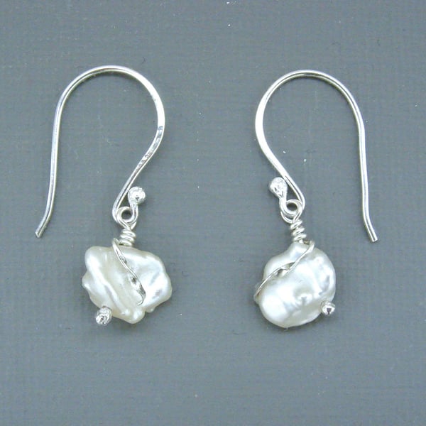 Bridal Hallmarked Sterling Silver Wire-work Drop Earrings White Keishi Pearls 