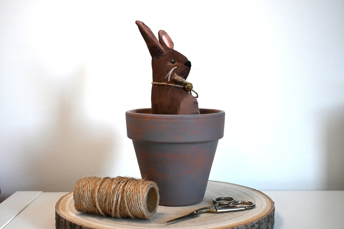 Primitive rabbit in a pot art doll