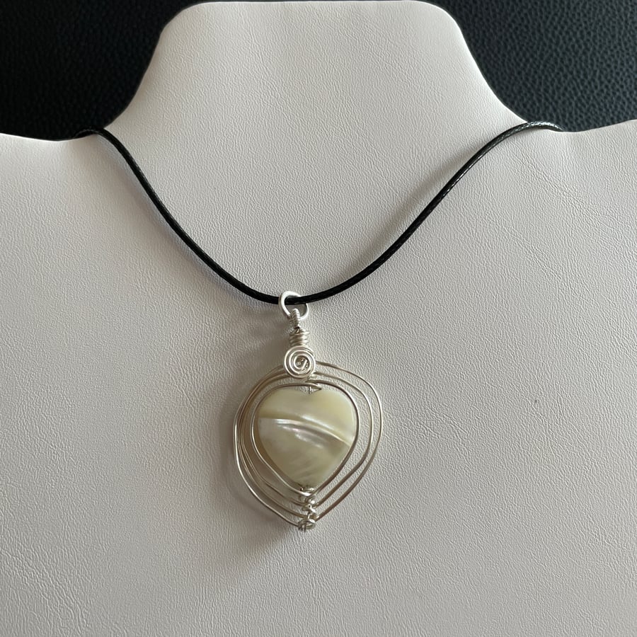 Mother of Pearl Heart Wire Wrapped Pendant